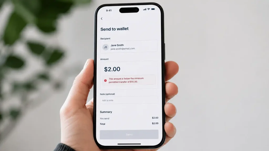 A Skrill wallet transfer screen displaying its smallest permitted amount