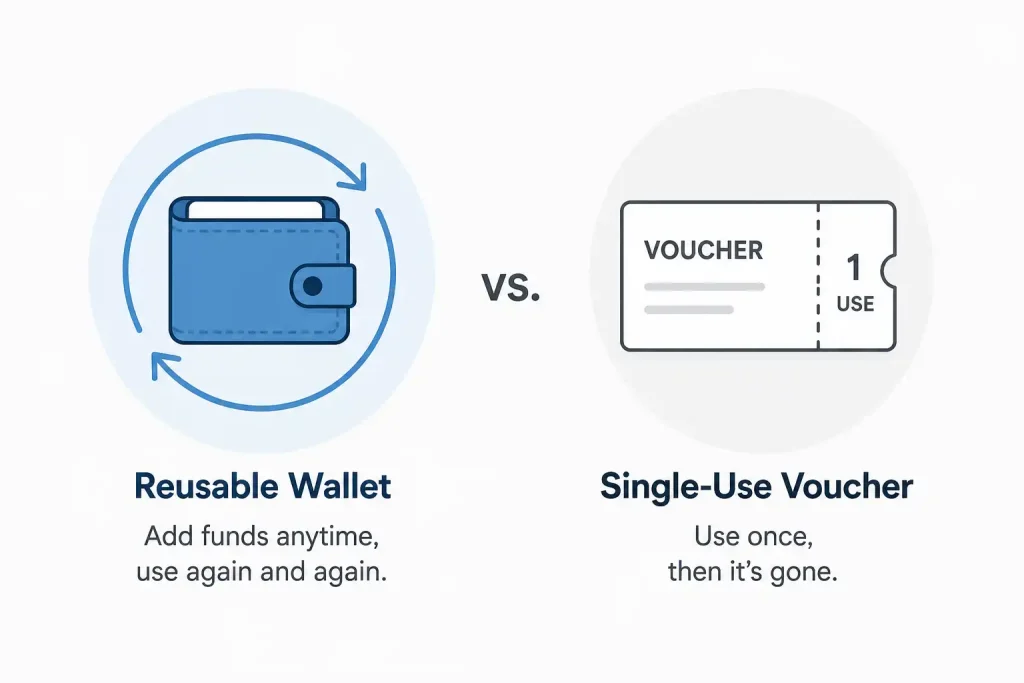 A reusable wallet set against a single-use prepaid voucher