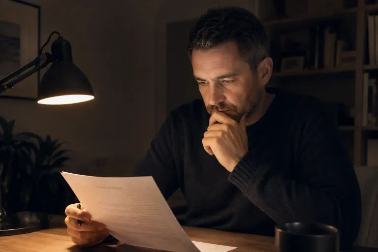 A player reviewing a printed wallet statement at a desk under warm light