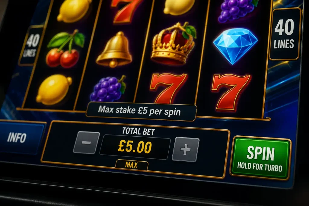 A slot bet selector limited to a five pound maximum per spin
