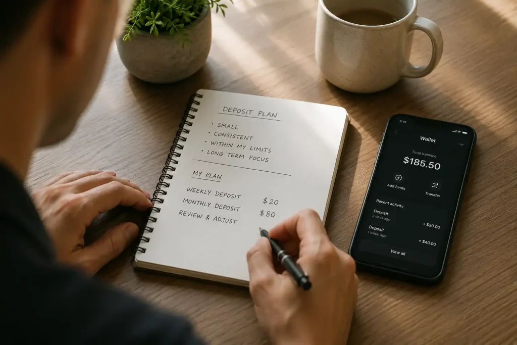 A player planning small, deliberate casino deposits on a phone