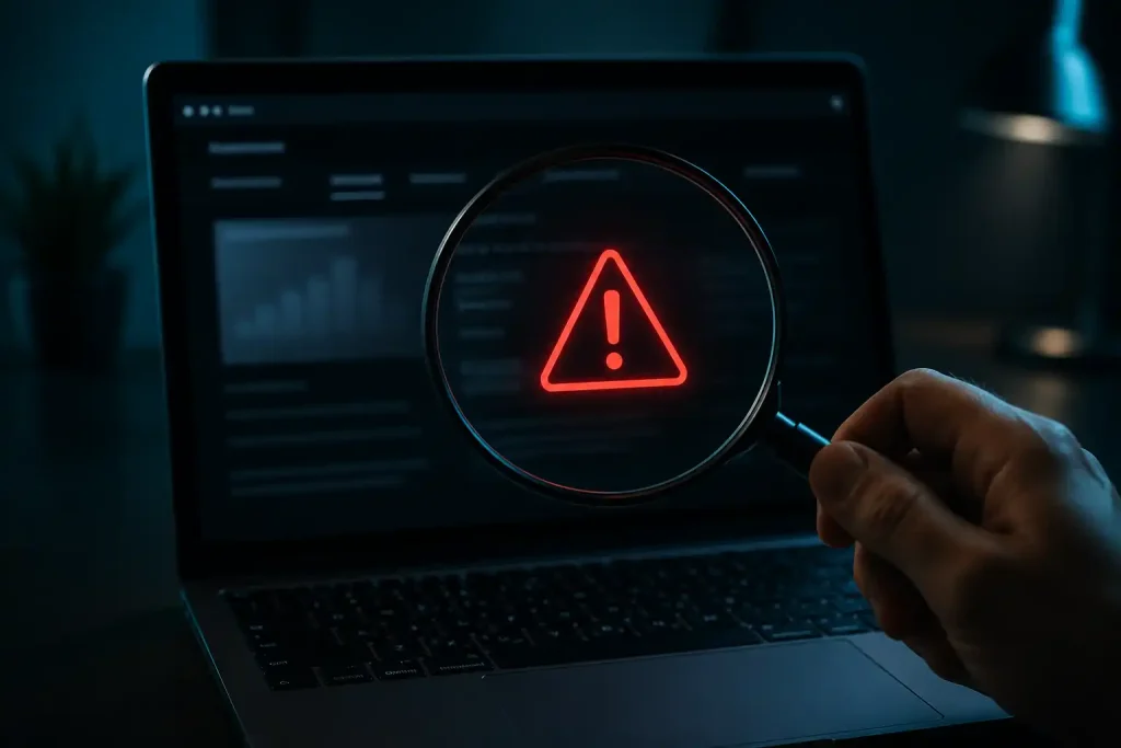 A magnifying glass over a laptop revealing a warning sign on an unlicensed casino site