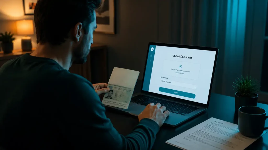 A person uploading verification documents on a laptop to release a stalled casino withdrawal