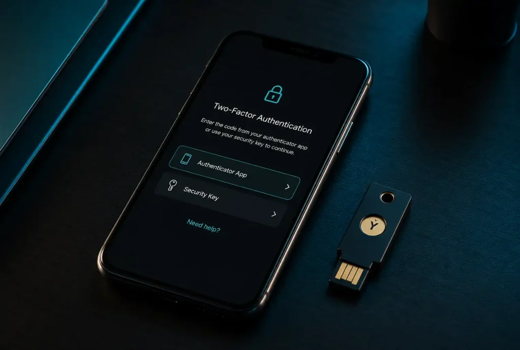 A smartphone showing a two-factor authentication prompt beside a security key, representing wallet security habits