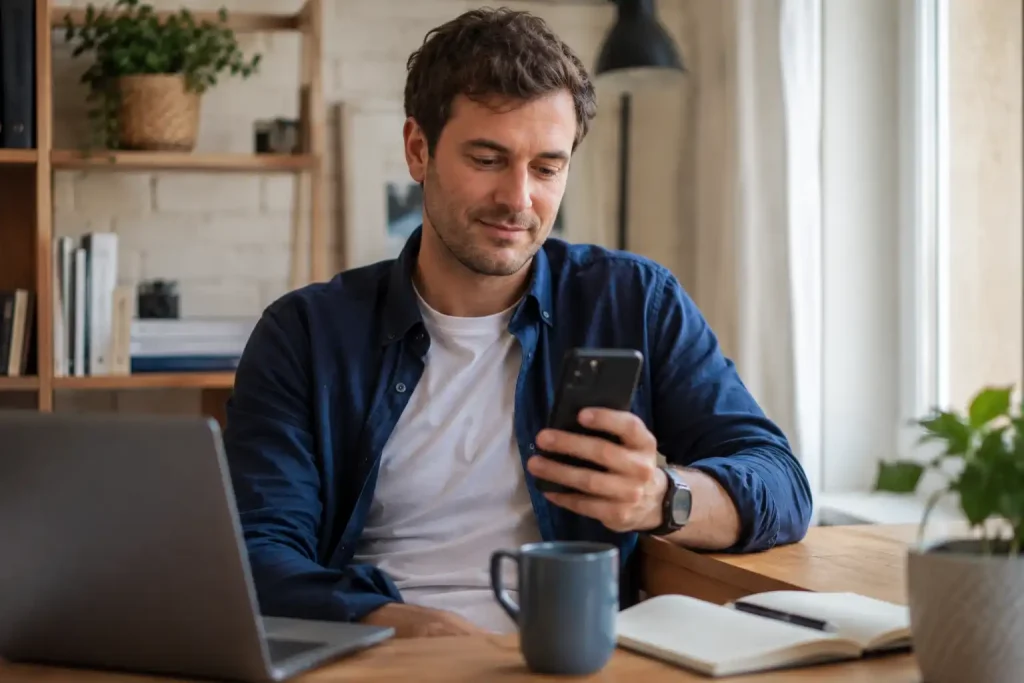A typical Skrill casino user in the 18-to-45 age group on a phone