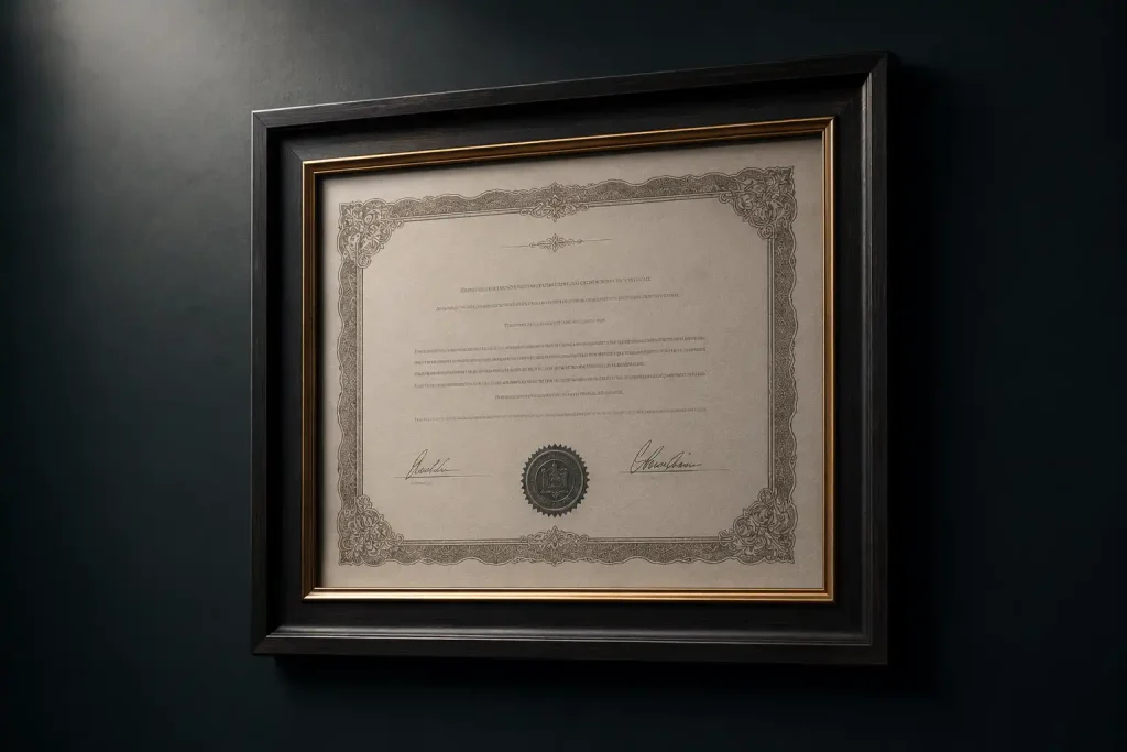 A framed gambling licence certificate on a wall, representing a UKGC-licensed casino