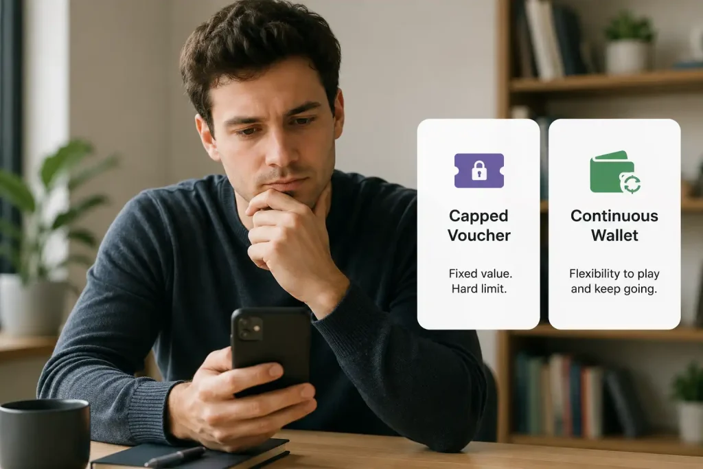 A player choosing between a capped voucher and a continuous wallet