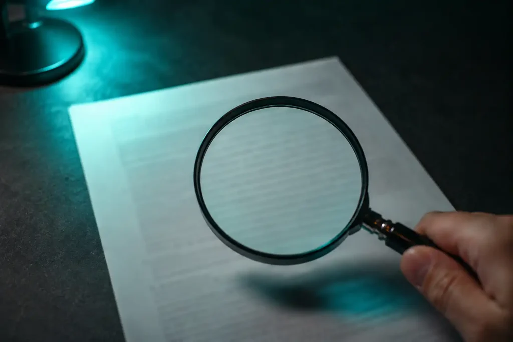 A magnifying glass held over a printed bonus terms document highlighting a wagering requirement clause