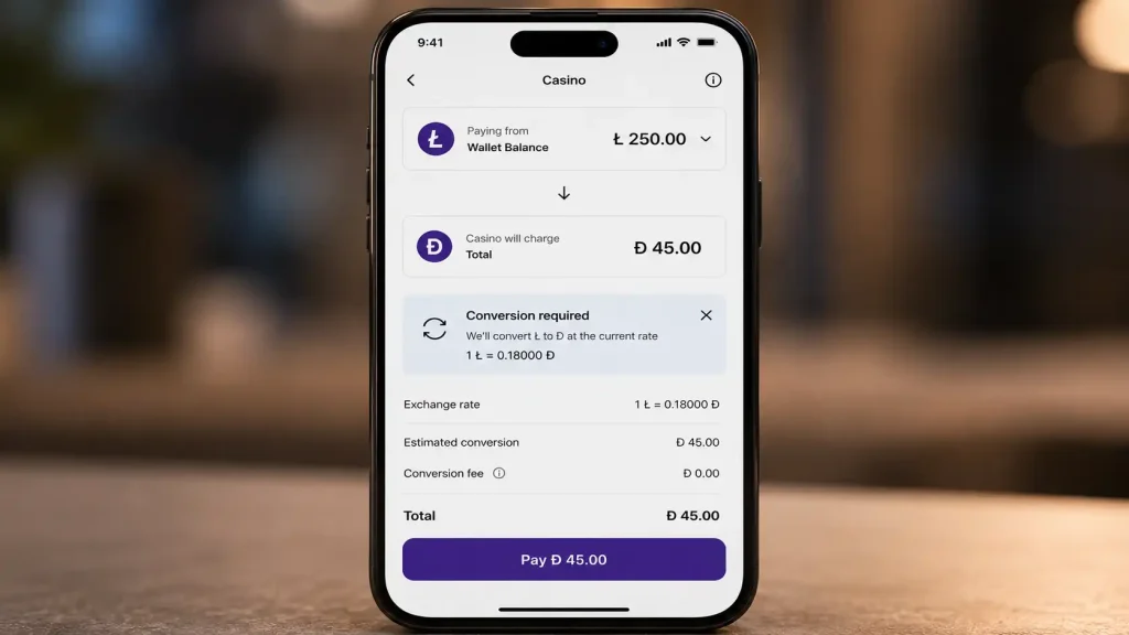 A wallet currency and a casino settlement currency shown mismatched