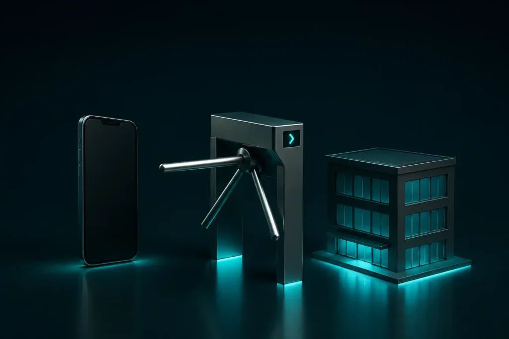 A one-way gate between a smartphone and a building, representing the limited data Skrill shares with casinos