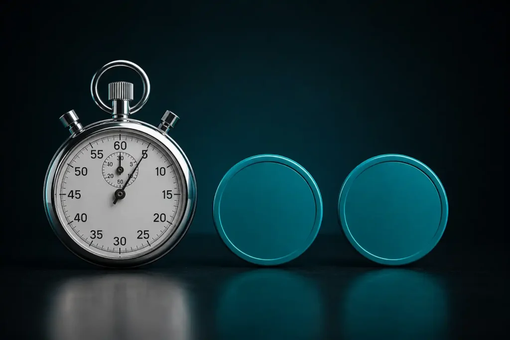 A stopwatch beside two e-wallet tokens, representing equal payout speed and verification limits