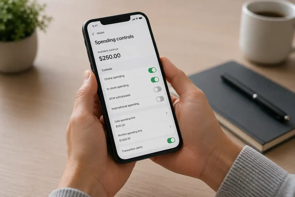 A person calmly managing spending controls in a wallet app on a phone