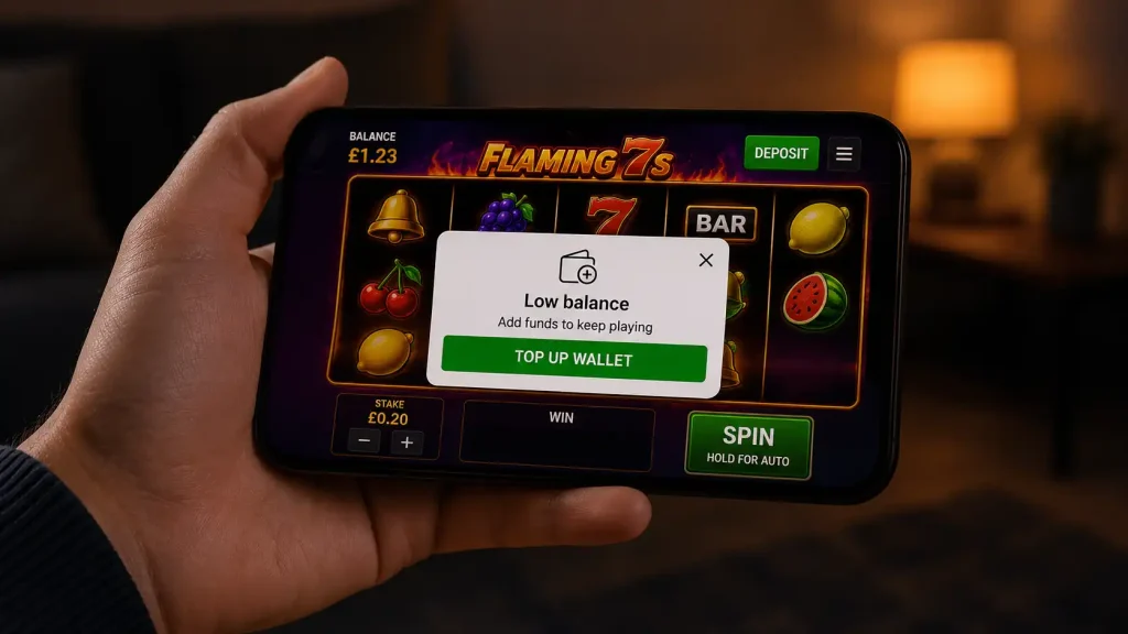 A phone showing a wallet top-up prompt during a slot session