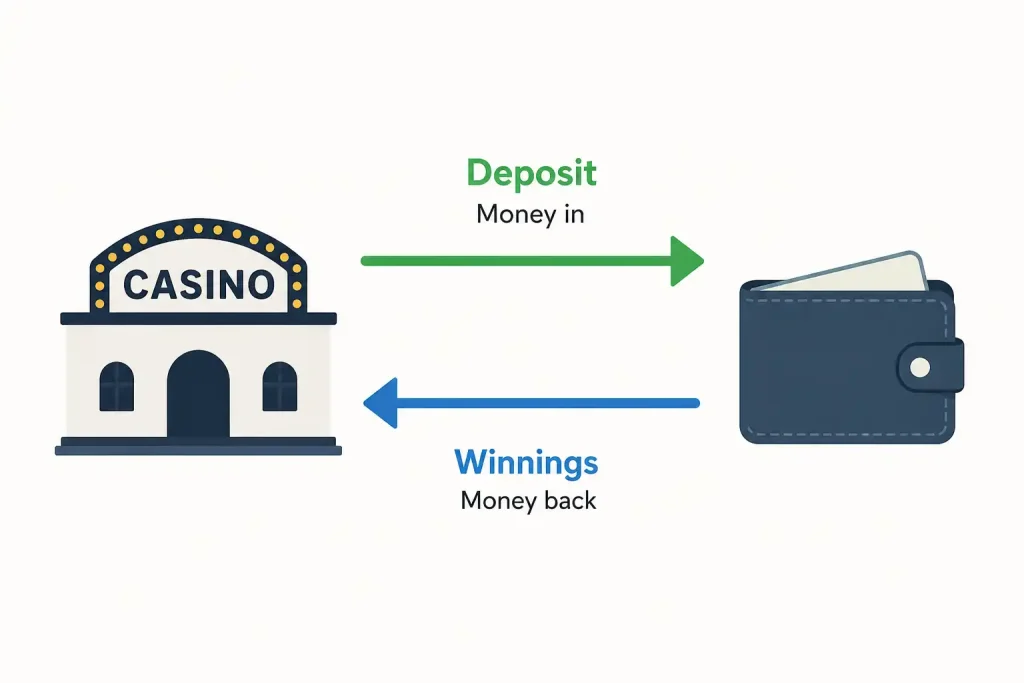 A wallet receiving casino winnings back in a full two-way round trip