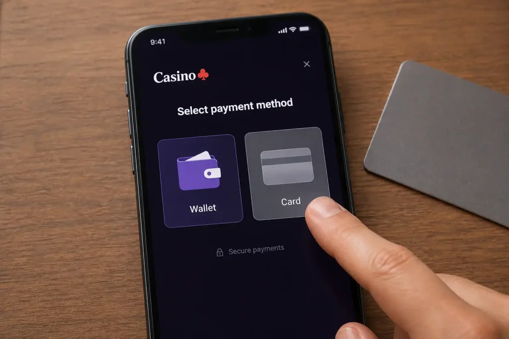 A wallet and a plain payment card presented as a choice on a phone