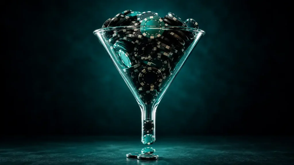 A funnel narrowing the flow of casino chips, representing daily and weekly payout caps